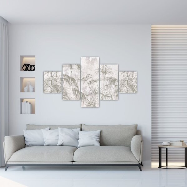 Obraz - Tropikalne rośliny na ścianie w kolorze szarym (125x70 cm)