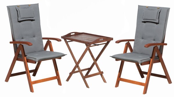 Zestaw mebli balkonowych drewno akacjowe stół 2 krzesła poduszki szare Toscana Beliani