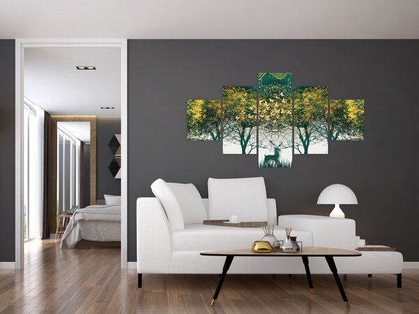 Obraz - Jelenie w zielonym lesie (125x70 cm)