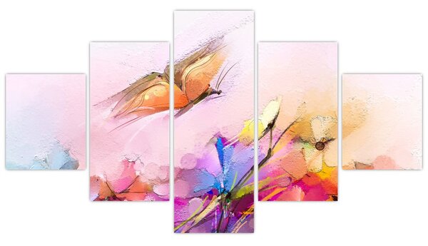 Obraz - Motyl nad kwiatem, abstrakcja (125x70 cm)