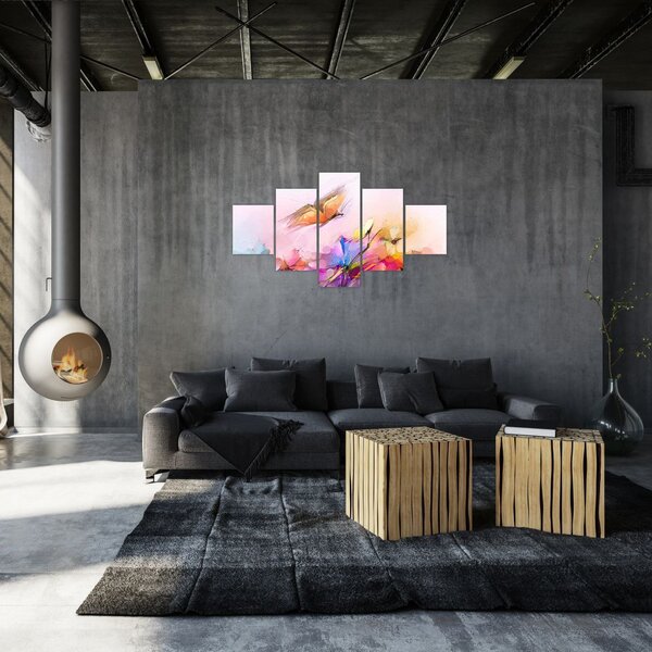 Obraz - Motyl nad kwiatem, abstrakcja (125x70 cm)