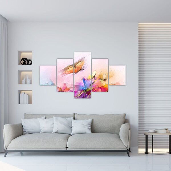 Obraz - Motyl nad kwiatem, abstrakcja (125x70 cm)