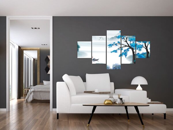 Obraz - Malowane jezioro z łódką (125x70 cm)