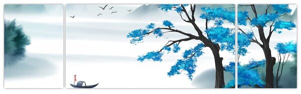 Obraz - Malowane jezioro z łódką (170x50 cm)