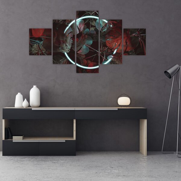 Obraz - Neonowe koło między palmami (125x70 cm)