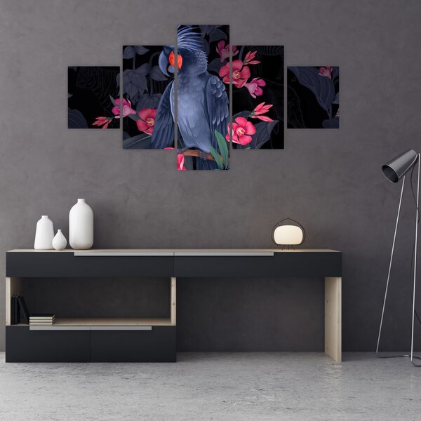 Obraz - Papuga wśród kwiatów (125x70 cm)