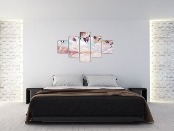 Obraz różowych kwiatów z różowym marmurem (125x70 cm)