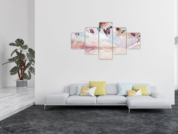 Obraz różowych kwiatów z różowym marmurem (125x70 cm)