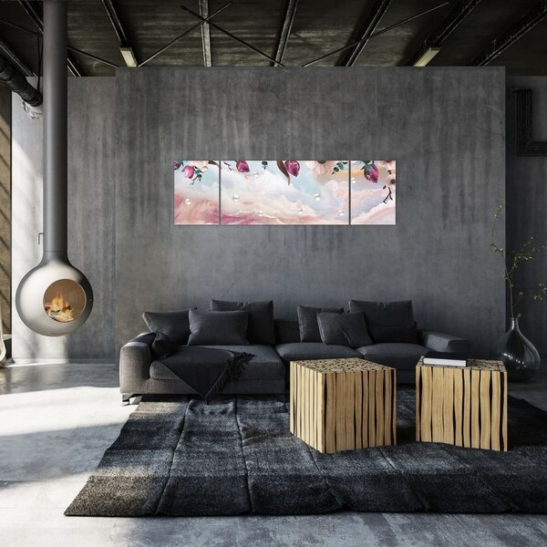 Obraz różowych kwiatów z różowym marmurem (170x50 cm)