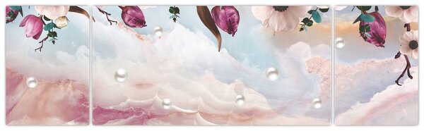 Obraz różowych kwiatów z różowym marmurem (170x50 cm)