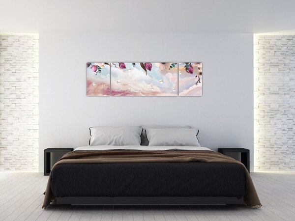 Obraz różowych kwiatów z różowym marmurem (170x50 cm)
