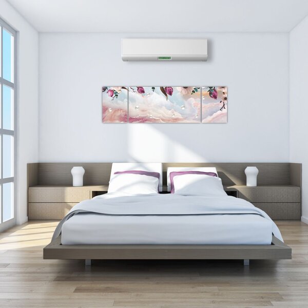 Obraz różowych kwiatów z różowym marmurem (170x50 cm)