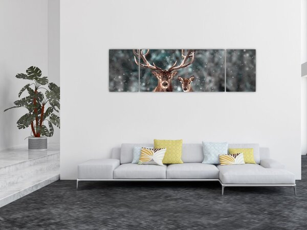 Obraz - Jeleń i łania w zaśnieżonym lesie (170x50 cm)