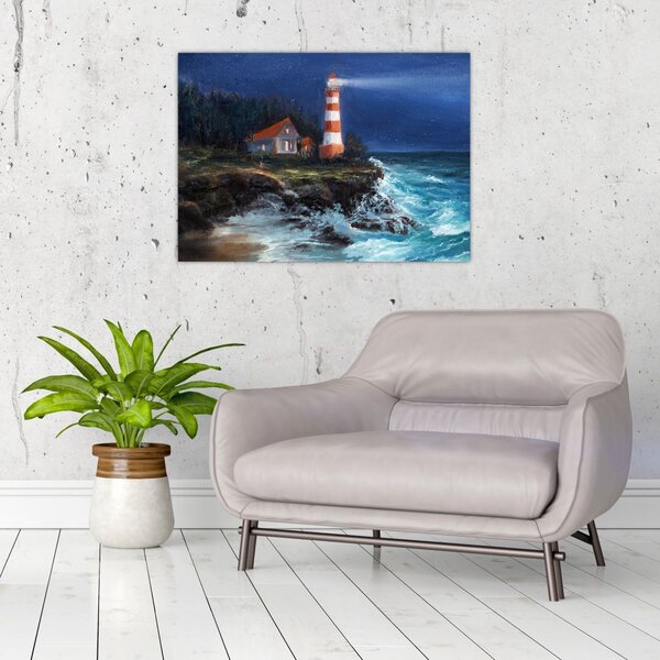 Obraz - Latarnia morska na brzegu oceanu, akwarela (70x50 cm)
