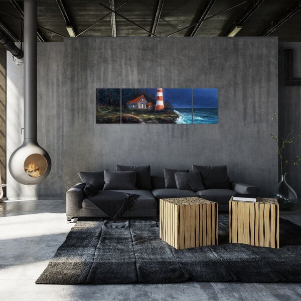 Obraz - Latarnia morska na brzegu oceanu, akwarela (170x50 cm)
