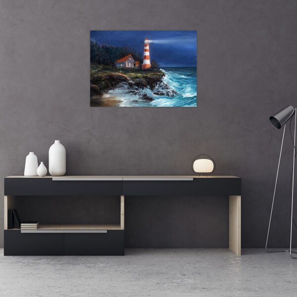 Obraz - Latarnia morska na brzegu oceanu, akwarela (70x50 cm)