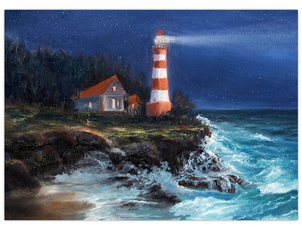 Obraz - Latarnia morska na brzegu oceanu, akwarela (70x50 cm)
