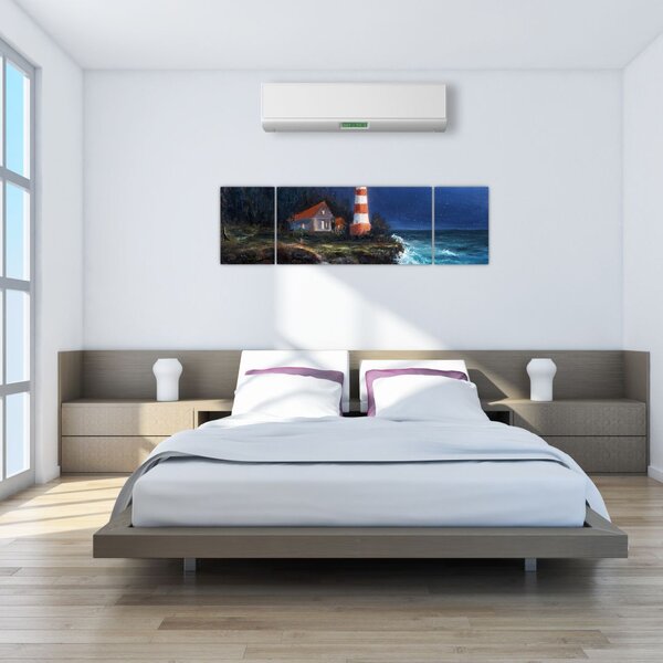 Obraz - Latarnia morska na brzegu oceanu, akwarela (170x50 cm)