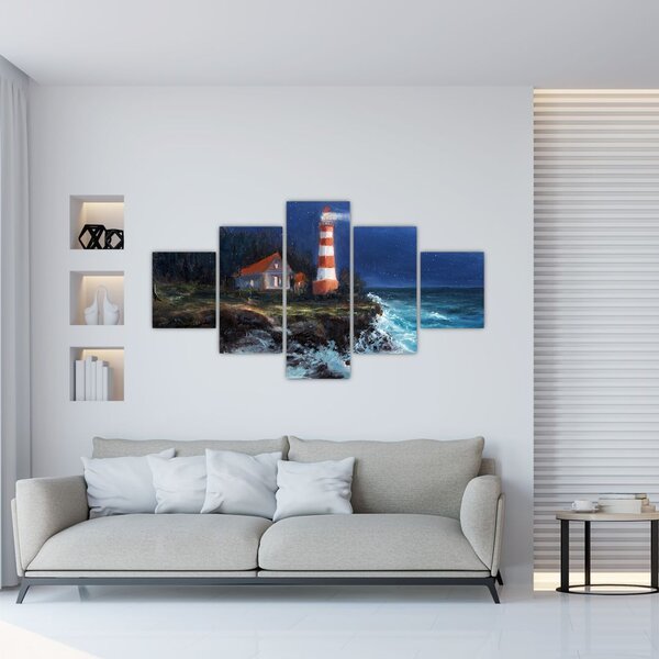 Obraz - Latarnia morska na brzegu oceanu, akwarela (125x70 cm)