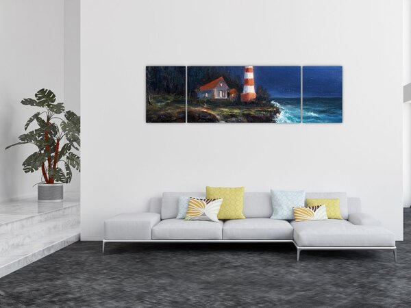 Obraz - Latarnia morska na brzegu oceanu, akwarela (170x50 cm)