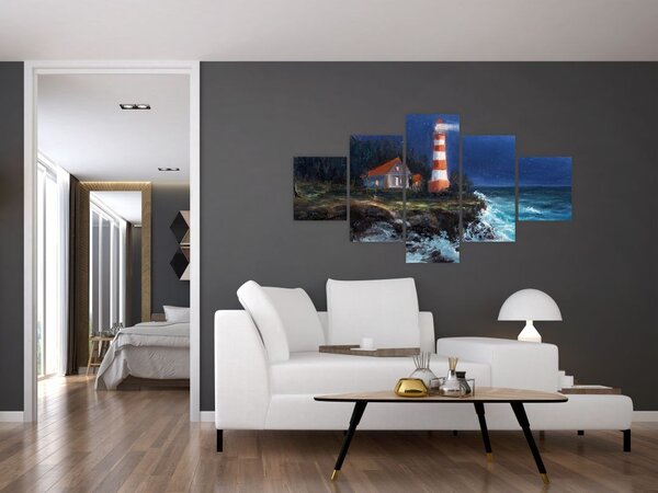 Obraz - Latarnia morska na brzegu oceanu, akwarela (125x70 cm)
