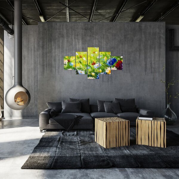 Obraz kwitnącej łąki, obraz olejny (125x70 cm)