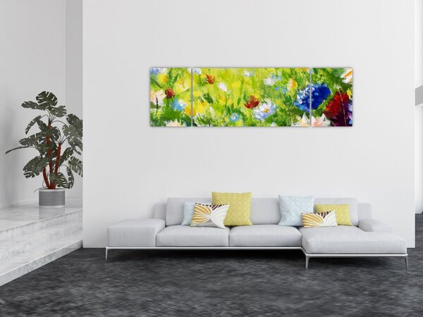 Obraz kwitnącej łąki, obraz olejny (170x50 cm)