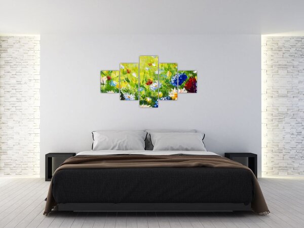 Obraz kwitnącej łąki, obraz olejny (125x70 cm)