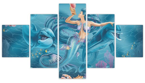 Obraz - Syrenka z delfinami (125x70 cm)