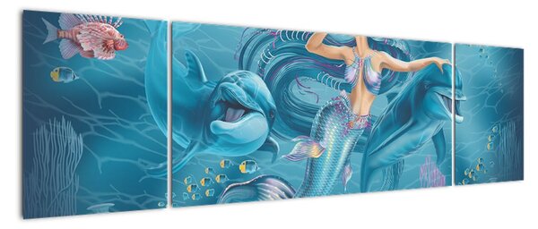 Obraz - Syrenka z delfinami (170x50 cm)