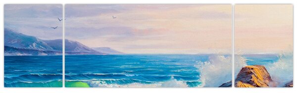 Obraz fal uderzających w klify, obraz olejny (170x50 cm)