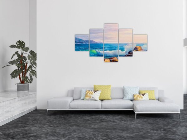 Obraz fal uderzających w klify, obraz olejny (125x70 cm)