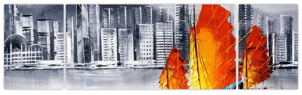 Obraz - Victoria Harbor, Hongkong, czarno-biały obraz olejny (170x50 cm)