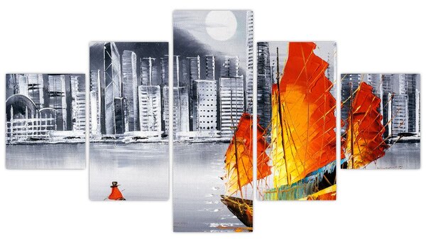 Obraz - Victoria Harbor, Hongkong, czarno-biały obraz olejny (125x70 cm)