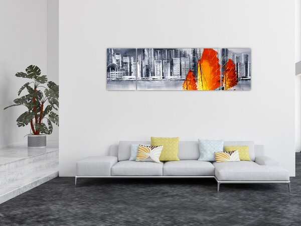 Obraz - Victoria Harbor, Hongkong, czarno-biały obraz olejny (170x50 cm)