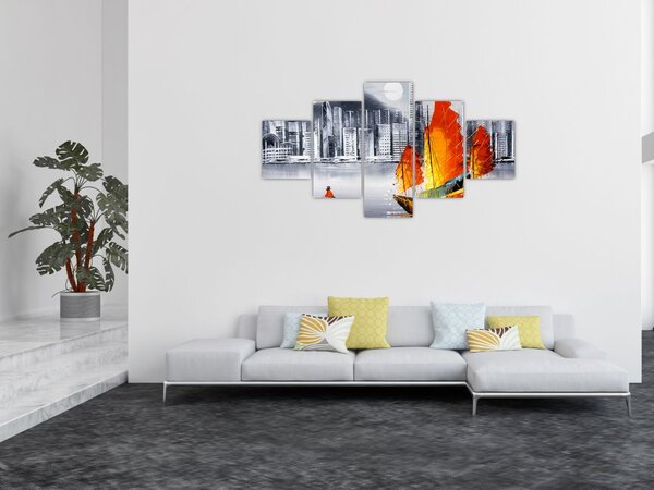 Obraz - Victoria Harbor, Hongkong, czarno-biały obraz olejny (125x70 cm)