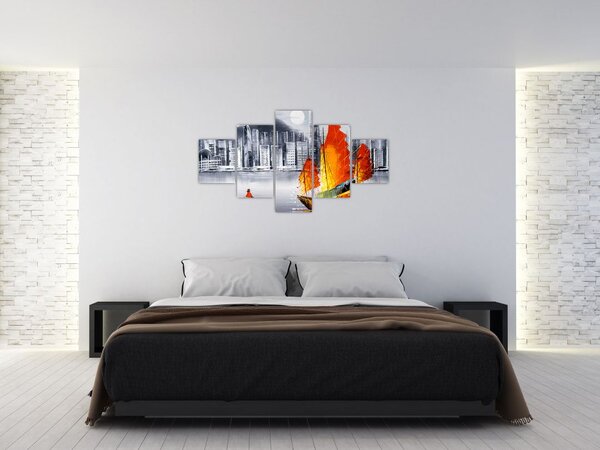 Obraz - Victoria Harbor, Hongkong, czarno-biały obraz olejny (125x70 cm)