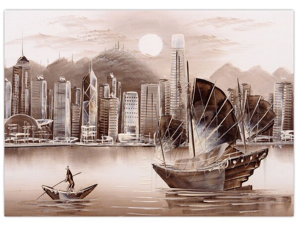 Obraz - Victoria Harbor, Hongkong, efekt sepii (70x50 cm)
