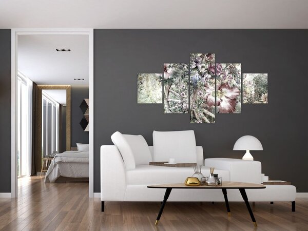 Obraz kwiatów na drewnianym kole (125x70 cm)