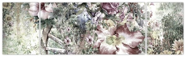 Obraz kwiatów na drewnianym kole (170x50 cm)