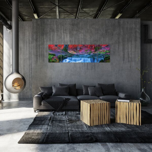 Obraz wodospadu w czerwonym lesie (170x50 cm)