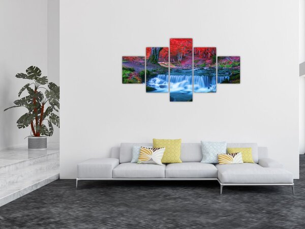 Obraz wodospadu w czerwonym lesie (125x70 cm)