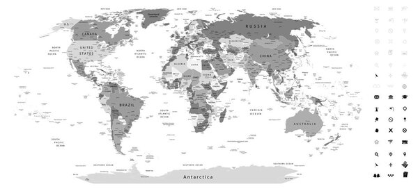 Obraz na korku szczegółowa mapa świata w wersji czarno-białej