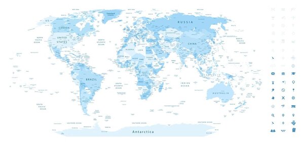 Obraz na korku szczegółowa mapa świata w kolorze niebieskim