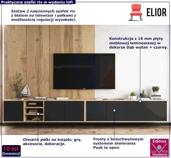 Komplet wiszących szafek rtv dąb wotan + czarny B6-P00