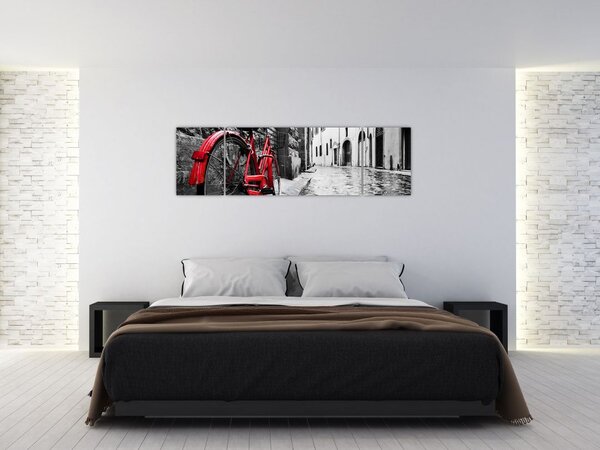 Obraz czerwonego roweru na brukowanej uliczce (170x50 cm)