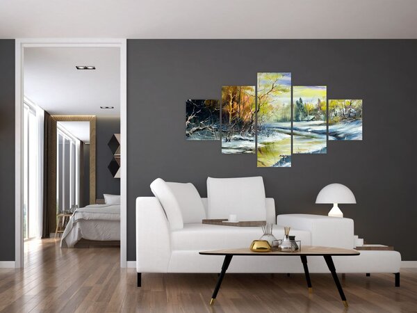 Obraz zimowej rzeki, obraz olejny (125x70 cm)