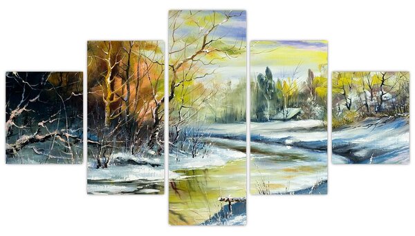 Obraz zimowej rzeki, obraz olejny (125x70 cm)