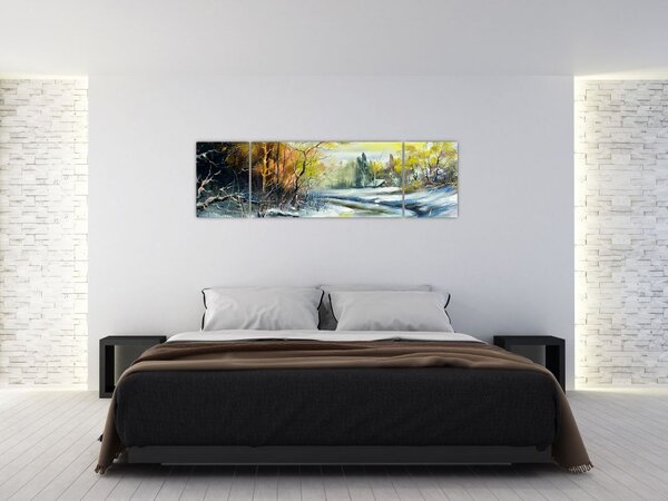Obraz zimowej rzeki, obraz olejny (170x50 cm)