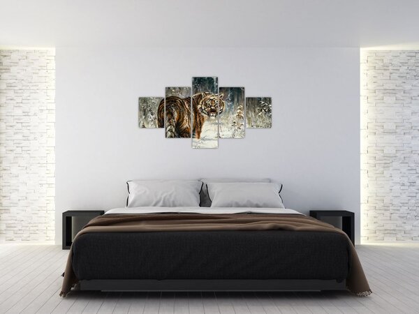 Obraz - Tygrys w zaśnieżonym lesie, obraz olejny (125x70 cm)